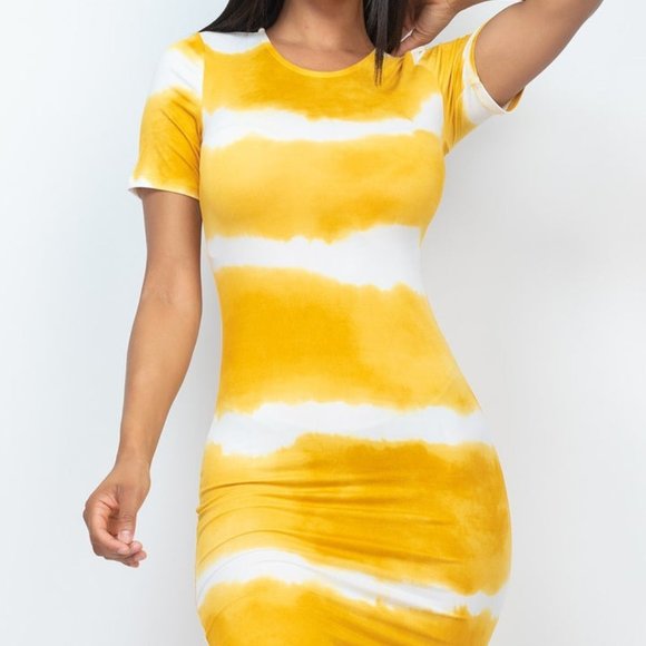 Women's Mustard Stripe Short Sleeves Tie-dye Printed Stretch Knit Midi Dress NWT - Picture 1 of 1